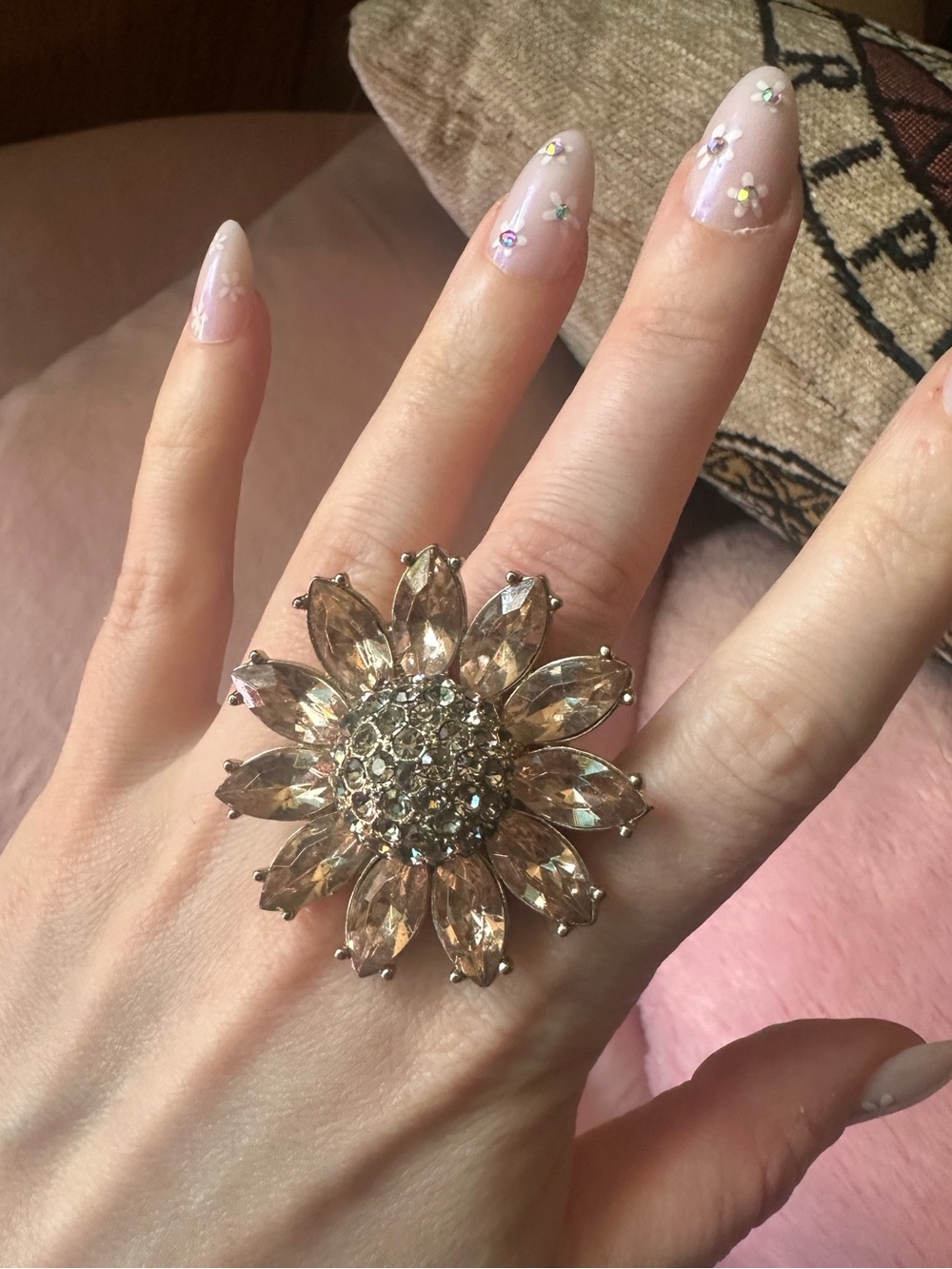 Sparkly Sunflower Rhinestone Cocktail Ring - Picture 12 of 17